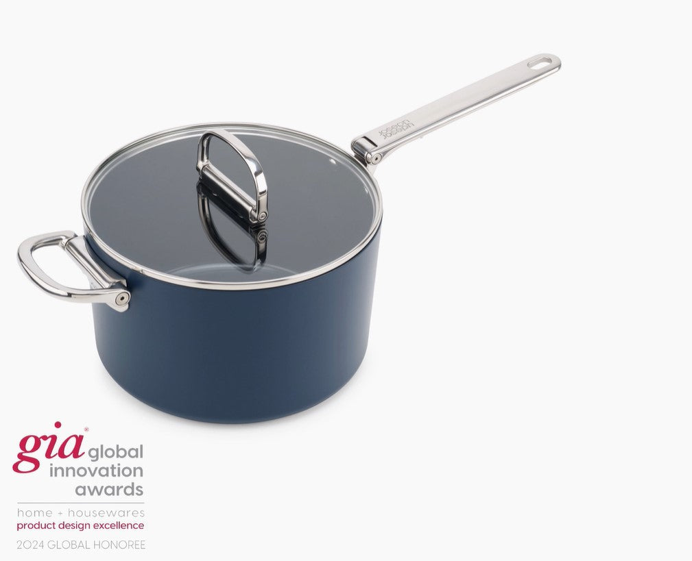 Space Folding Handle Ceramic Non-stick 5.4 Qt. Blue Saucepan & Lid