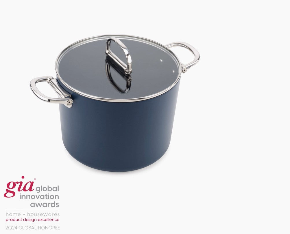 Space Folding Handle Ceramic Non-stick 8.5 Qt. Blue Stock Pot & Lid