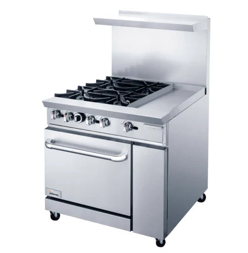 36" Restaurant Gas Range with 4 open burners, 12" griddle