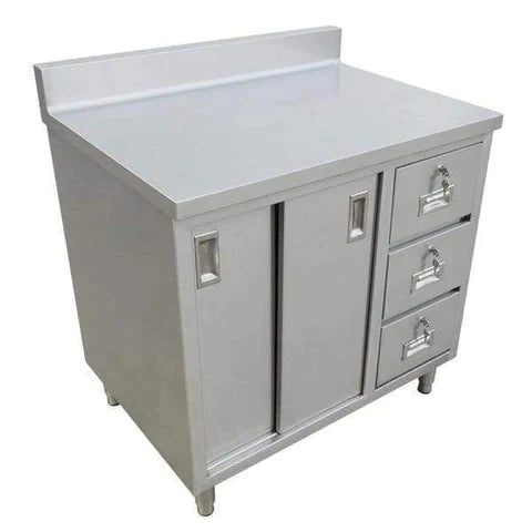 Omcan - Stainless Steel Work Table with Cabinet, Drawers, & Backsplash - 24" Deep