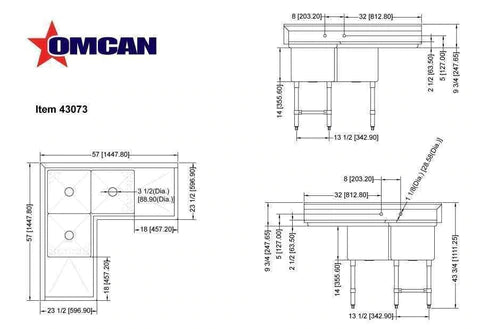 Omcan - Stainless Steel Three Compartment Sink - Corner Sink